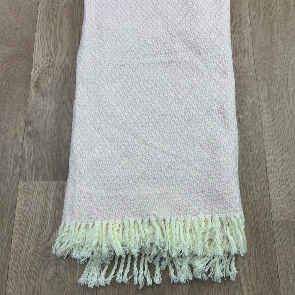 Docofil White Pink Woven Throw Blanket Made in Portugal Fringe 51x66